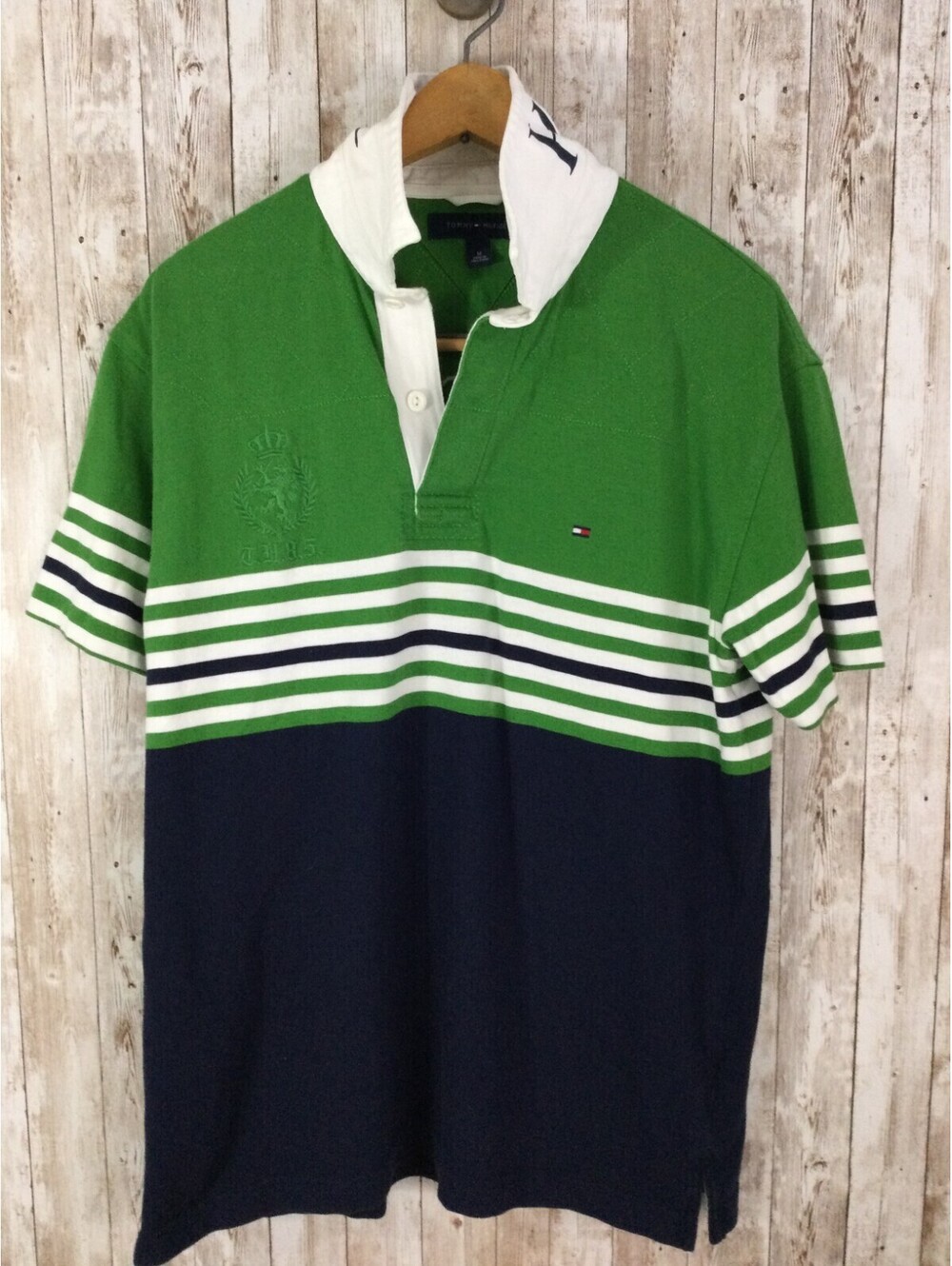 Vintage Tommy Hilfiger Polo Rugby Shirt Mens M Green Blue S/S Logo on Colar